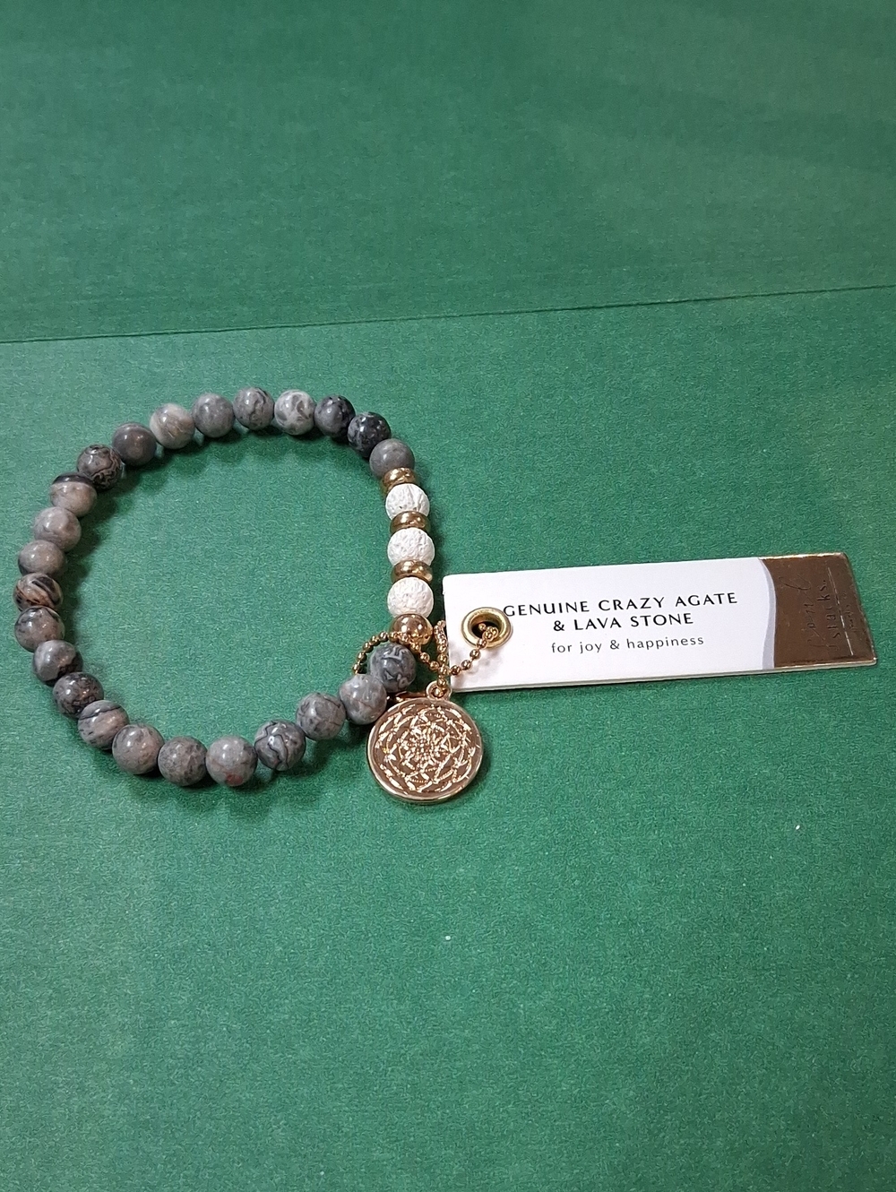 Genuine Crazy Agate & Lava Stone Beaded Bracelet in Gray with Gold Charm